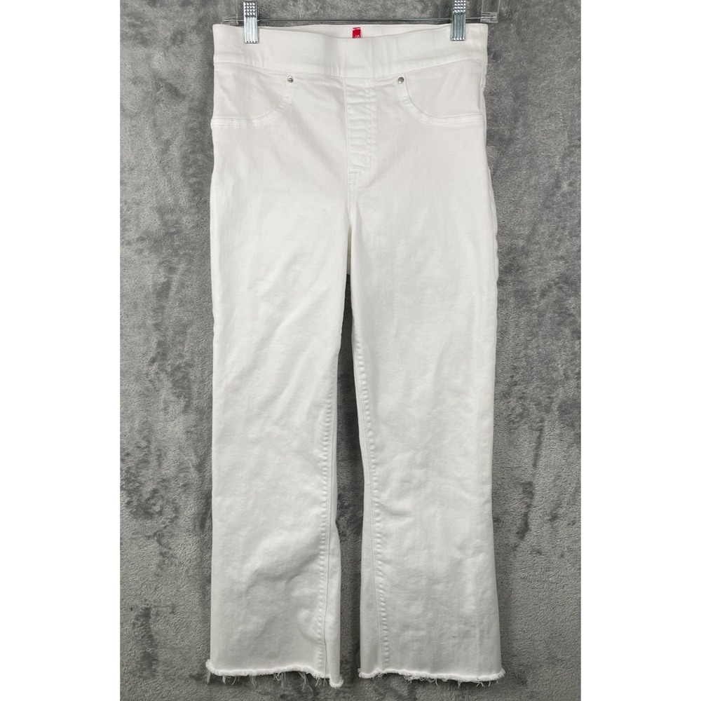 Spanx Jeans Womens Small White High Rise Flare Crop Frayed Hem Stretch Slimming